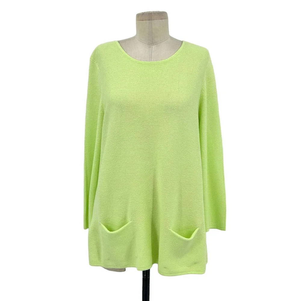 Lisa Todd Neon Lime Green Pocket Front V-Back Sweater Size Large‎